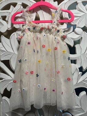 White Floral Embroidered Tulle Girls' Casual Dress